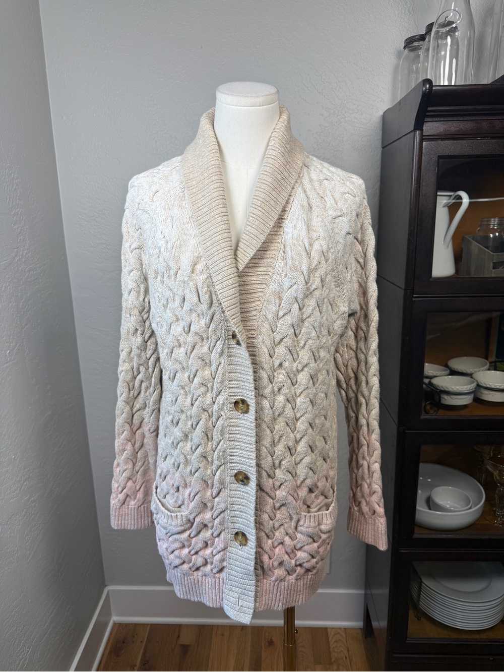 Lands End Drifter Cable  Knit Shawl Collar Cardigan 100% Cotton Size L